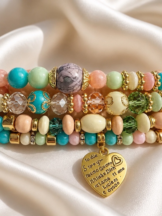 None Jewelry - Pastel Multi-Bead Stretch Bracelet Stack with Gold Heart Charm